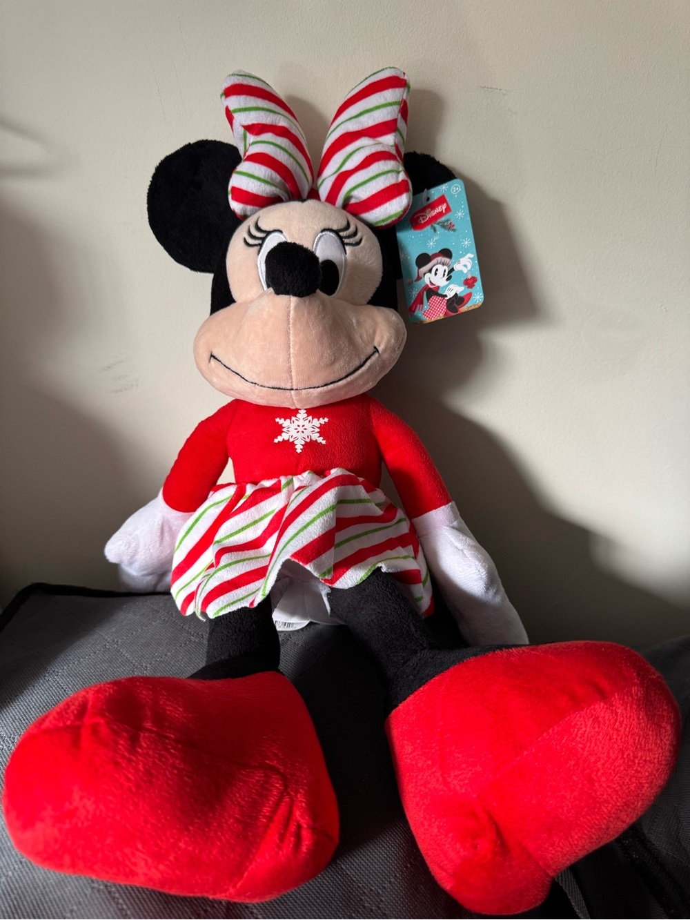 Disney Minnie Mouse Holiday Plush in Red, Black & White with Striped Bow